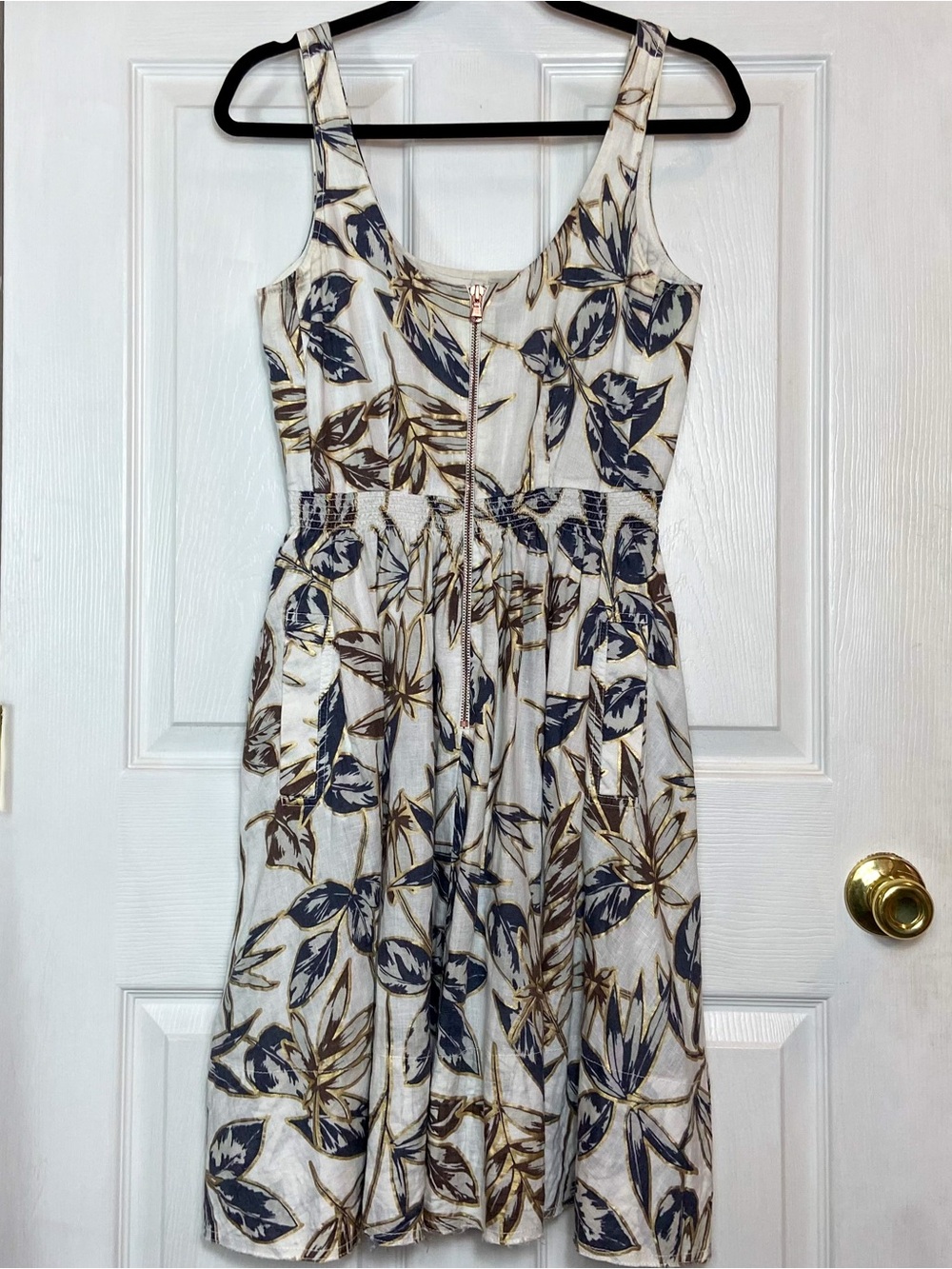 J. Crew White Sleeveless Dress with Navy & Gold Leaf Print